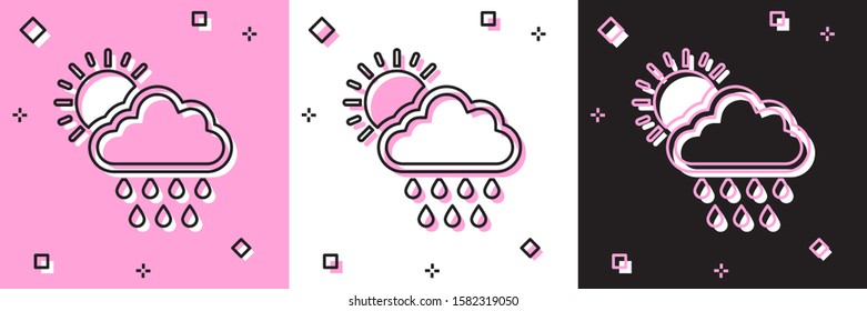 Set Cloud with rain and sun icon isolated on pink and white, black background. Rain cloud precipitation with rain drops.  Vector Illustration