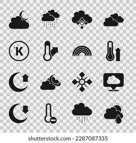 Set Cloud with rain and sun, Location cloud, Meteorology thermometer, snow, Kelvin, moon and Rainbow icon. Vector