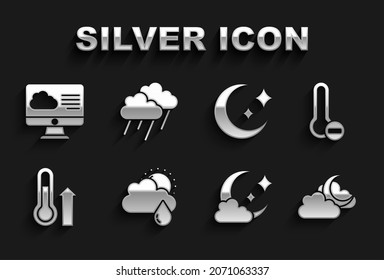 Set Cloud with rain and sun, Meteorology thermometer, moon, Moon stars, Weather forecast and  icon. Vector