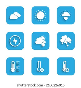 Die Wolke mit Regen und Sonne, Thermometer für Meteorologie, Blitz, Blitzschlag, Sonnenuntergang und Icon. Vektorgrafik