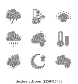 Set Cloud with rain and sun, Moon, Meteorology thermometer, snow, Sunrise and  icon. Vector