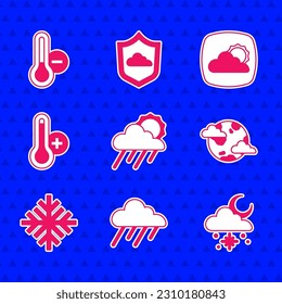 Set Cloud with rain and sun, snow, Earth planet clouds, Snowflake, Meteorology thermometer, Weather forecast and  icon. Vector