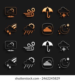 Set Cloud with rain and sun, snow, Moon stars, Weather forecast, Rainbow cloud, Umbrella, Location and Windy weather icon. Vector