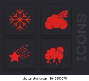 Set Cloud with rain and sun, Snowflake, Rainbow with clouds and Falling star icon. Vector