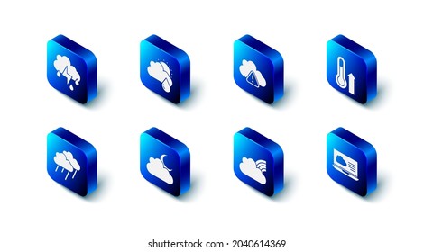 Set Cloud with rain and sun, Storm warning, Meteorology thermometer, Weather forecast, Rainbow clouds, moon,  and lightning icon. Vector