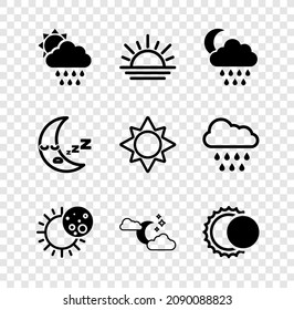 Set Cloud with rain and sun, Sunset, moon, Eclipse of the, stars, Moon icon and  icon. Vector