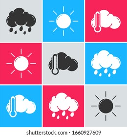 Set Cloud with rain, Sun and Thermometer and cloud icon. Vector