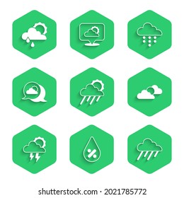 Set Cloud with rain and sun, Water drop percentage, Sun cloud weather, Storm, Location,  and  icon. Vector