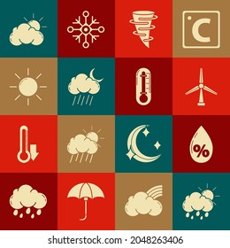 Set Cloud with rain and sun, Water drop percentage, Wind turbine, Tornado, moon, Sun, cloud weather and Thermometer icon. Vector