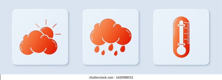 Set Cloud with rain, Sun and cloud weather and Thermometer. White square button. Vector