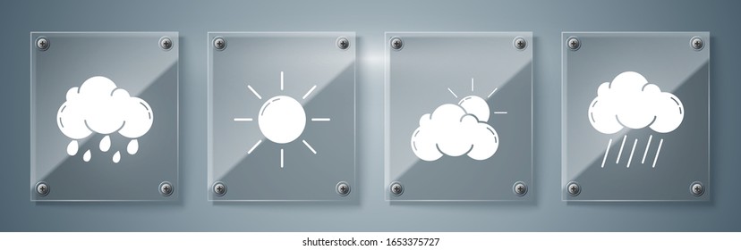 Bewölkt mit Regen, Sonne und Wolken, Sonne und Wolke mit Regen. Viereckige Glasplatten. Vektorillustration