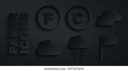 Set Cloud with rain, Sun and cloud weather, Cone windsock wind vane, Celsius and Fahrenheit icon. Vector