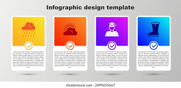 Set Cloud with rain, Sun and cloud weather, Graduate graduation cap and Waterproof rubber boot. Business infographic template. Vector