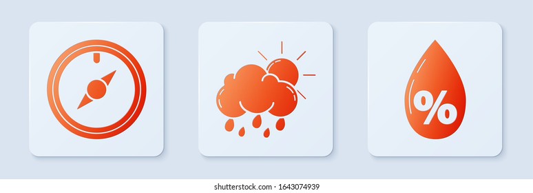 Set Cloud with rain and sun, Wind rose and Water drop percentage. White square button. Vector