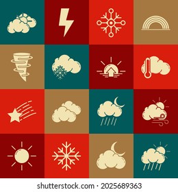 Set Cloud with rain and sun, Windy weather, Thermometer cloud, Snowflake, snow, Tornado, Sun and Sunrise icon. Vector
