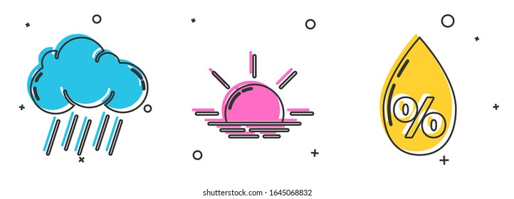 Establezca Nube con el icono de porcentaje de caída de lluvia, Amanecer y Agua. Vector