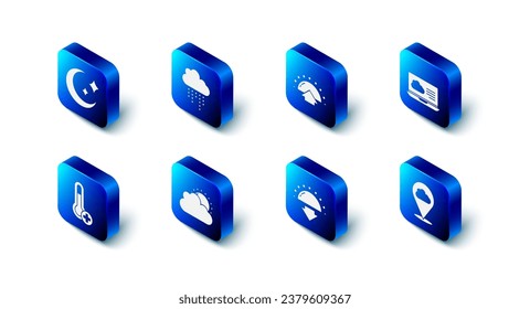 Set Cloud with rain, Sunrise, Weather forecast, Location cloud, Sunset, and weather, Meteorology thermometer and Moon stars icon. Vector