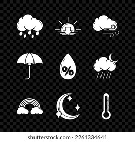 Set Cloud with rain, Sunset, Windy weather, Rainbow clouds, Moon and stars, Thermometer, Classic elegant opened umbrella and Water drop percentage icon. Vector