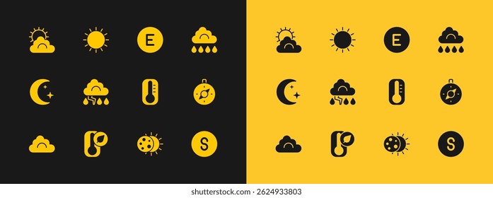 Set Cloud with rain, Thermometer, Eclipse of the sun, and lightning, Compass west, Sun cloud weather and  icon. Vector