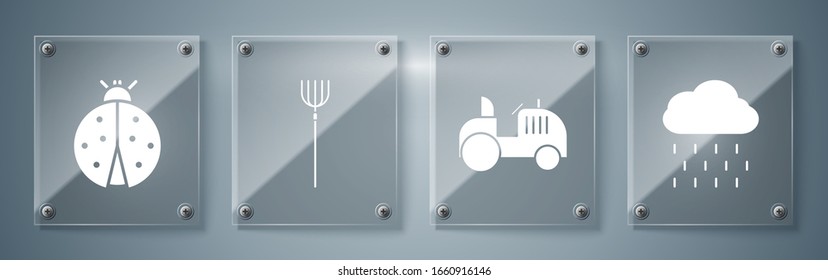 Set Cloud with rain, Tractor, Garden pitchfork and Ladybug. Square glass panels. Vector