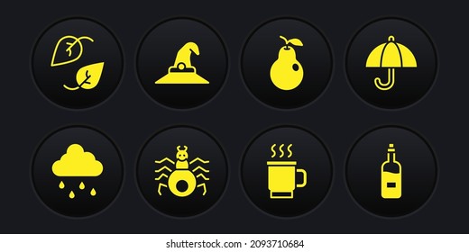 Set Cloud with rain, Umbrella, Spider, Cup of tea, Pear, Witch hat, Bottle wine and Leaf icon. Vector