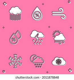 Set Cloud with rain, Water drop percentage, Wind, and lightning and Windy weather icon. Vector