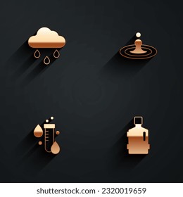 Set Cloud with rain, Water drop, Test tube water and Big bottle clean icon with long shadow. Vector