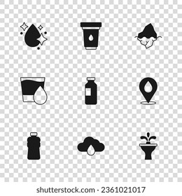 Ponga la nube con lluvia, la ubicación de la gota de agua, Fuente, Botella de agua, Iceberg, cartucho de filtro e icono de vidrio. Vector