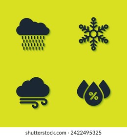 Ponga Nube con lluvia, porcentaje de caída de agua, clima eólico e ícono de copo de nieve. Vector