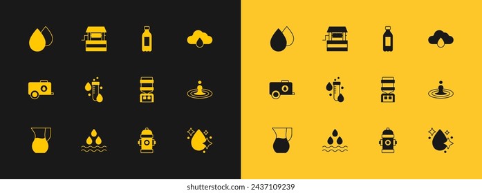 Set Cloud with rain, Water drop, cooler, Fire hydrant, Test tube water, Bottle of,  and Well icon. Vector