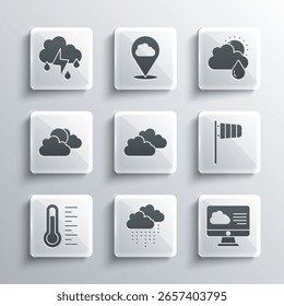Definir Nuvem com chuva, Previsão do tempo, Vane de vento Cone windsock, Termômetro de meteorologia, Sol e tempo de nuvens, relâmpago e ícone do sol. Vetor