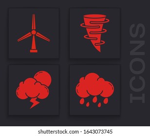 Bewölkt mit Regen, Windturbine, Tornado und Sturm Symbol. Vektorillustration