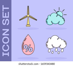 Bewölkt mit Regen, Windturbine, Wassertropfen und Sonne und Wolke Wettersymbol. Vektorillustration