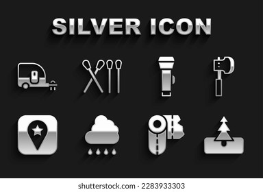 Set Cloud with rain, Wooden axe, Tree, Paper towel roll, Location for camping, Flashlight, Rv Camping trailer and Match stick icon. Vector