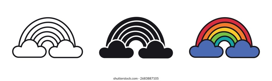 Conjunto de icono del arco iris de la nube. Arcoíris de colores, nube con cola de colores del arco iris, Ilustración vectorial.