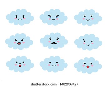 Set of cloud shaped emoji with different mood. Kawaii cute clouds emoticons and Japanese anime emoji faces expressions.