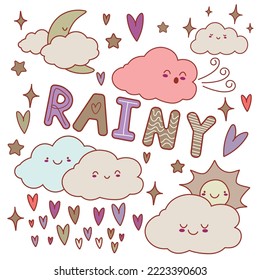 Set of cloud shaped emoji with different mood. Kawaii cute clouds emoticons and Japanese anime emoji faces expressions. Vector cartoon style comic icons set. EPS