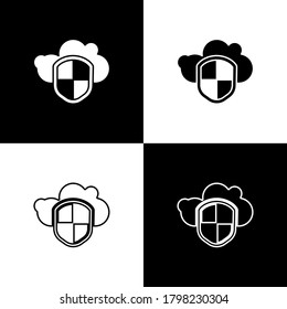 Set Cloud and shield icon isolated on black and white background. Cloud storage data protection. Security, safety, protection, privacy concept. Vector Illustration