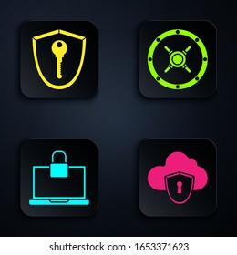Set Cloud and shield, Shield with key , Laptop and lock  and Safe . Black square button. Vector