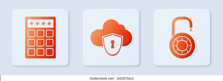 Set Cloud and shield, Password protection and safety access  and Safe combination lock wheel . White square button. Vector