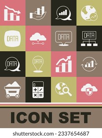 Set Cloud and shield, Pie chart infographic, Data analysis, Network cloud connection, Financial growth decrease and  icon. Vector