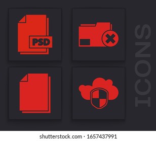 Set Cloud and shield, PSD file document, Delete folder and Document icon. Vector