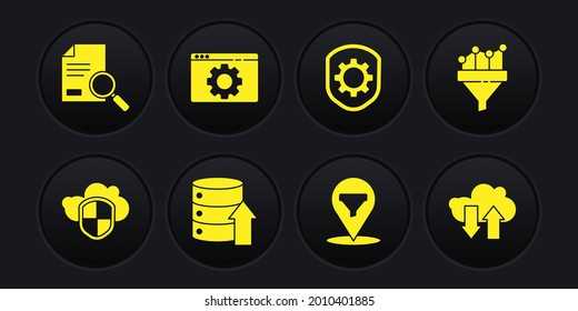 Set Cloud and shield, Sales funnel with chart, Server, Data, Web Hosting, Location sales, Shield settings gear, Browser, download upload and Document search icon. Vector