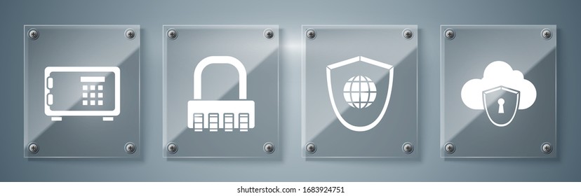 Set Cloud and shield, Shield with world globe , Safe combination lock  and Safe . Square glass panels. Vector