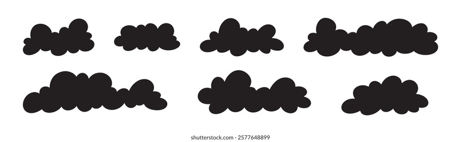 Set of cloud silhouette in cartoon style on blue background. Vector shape cloud in kids style. Set of black clouds.