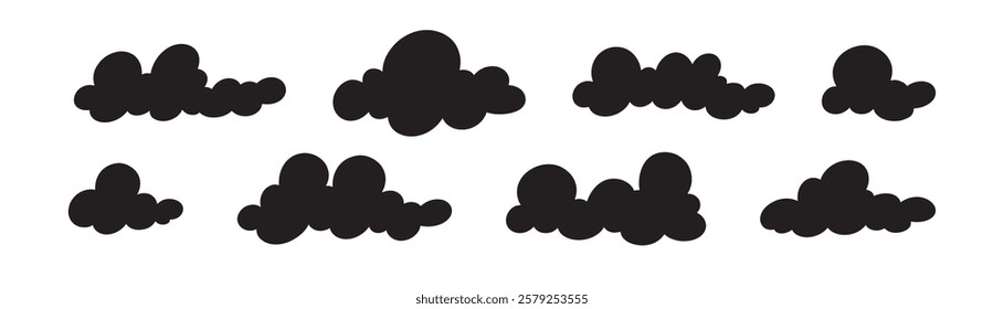 Set of cloud silhouette in cartoon style on blue background. Vector shape cloud in kids style. Black clouds isolated on white background.