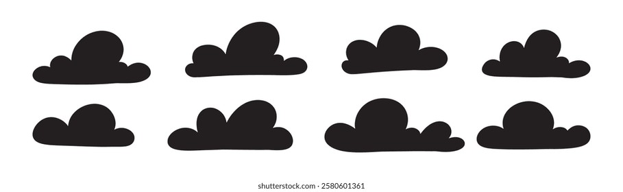 Set of cloud silhouette in cartoon style on blue background. Vector shape cloud in kids style.