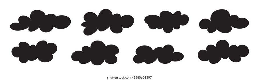 Set of cloud silhouette in cartoon style on blue background. Vector shape cloud in kids style. Kids cute clouds.