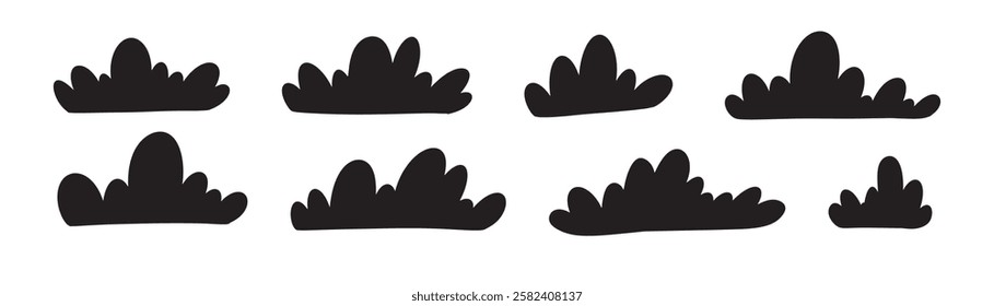 Set of cloud silhouette in cartoon style on blue background. Vector shape cloud in kids style. Cartoon grass silhouette