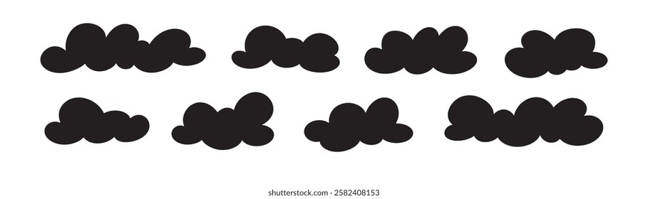 Set of cloud silhouette in cartoon style on blue background. Vector shape cloud in kids style. Set of clouds.